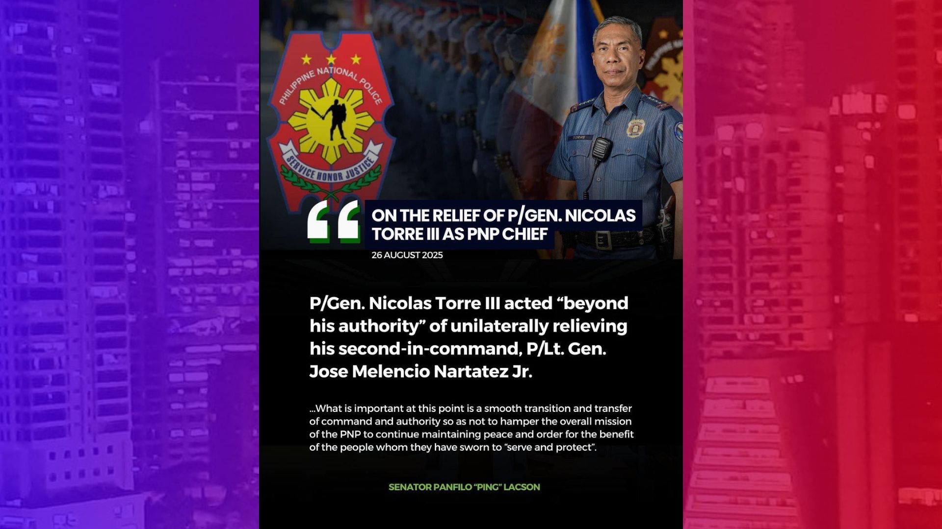 Torre lumagpas sa kapangyarihan nang sibakin noon ang kaniyang second-in-command ayon kay Sen. Lacson