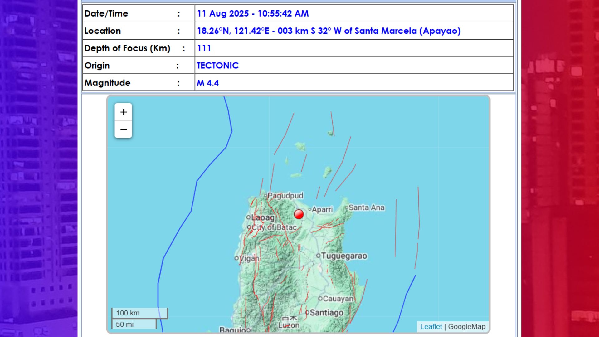 Apayao niyanig ng magnitude 4.4 na lindol