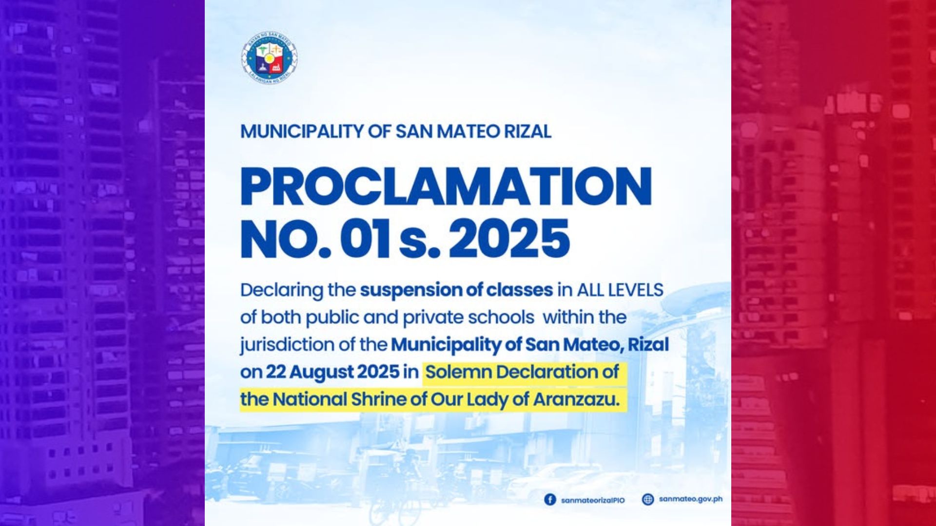 Long weekend sa San Mateo, Rizal; klase sa paaralan suspendido sa Aug. 22