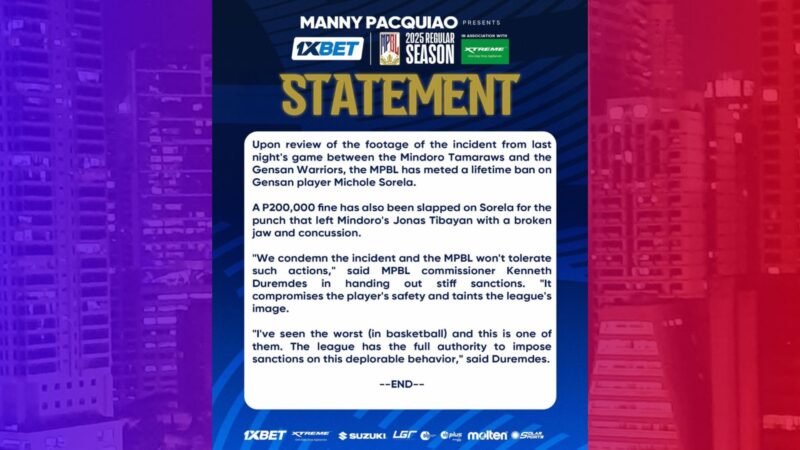 Michael Sorela ng GenSan Warriors pinatawan ng lifetime ban ng MPBL dahil sa pananapak kay Jonas Tibayan ng Mindoro Tamaraws