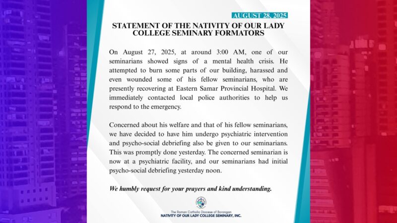 Seminarista sa Eastern Samar nawala sa katinuan; Seminaryo tinangkang sunugin, sinaktan ang mga kapwa seminarista