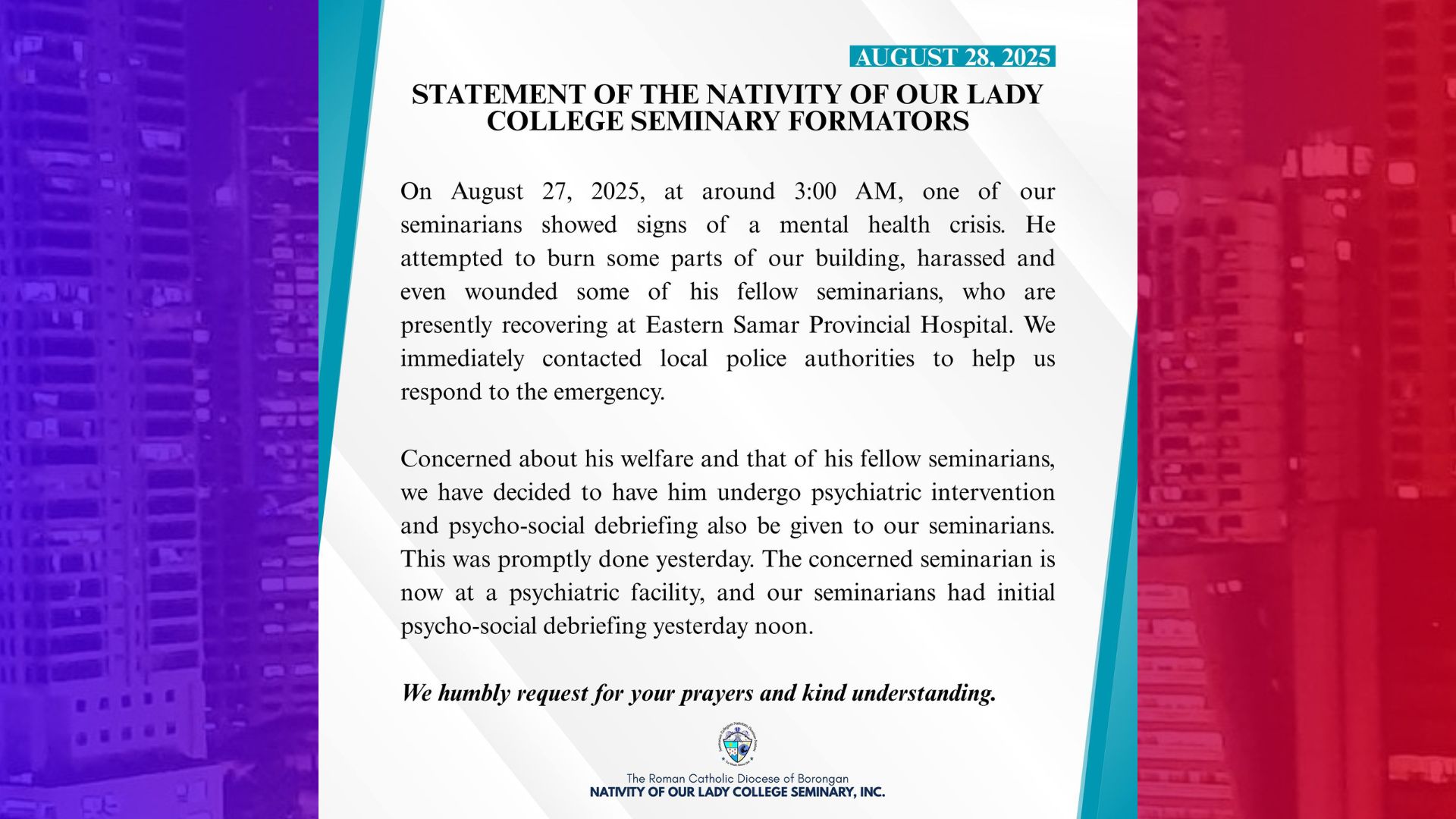 Seminarista sa Eastern Samar nawala sa katinuan; Seminaryo tinangkang sunugin, sinaktan ang mga kapwa seminarista