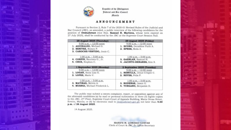 Public interview itinakda ng JBC sa mga aplikante bilang Ombudsman