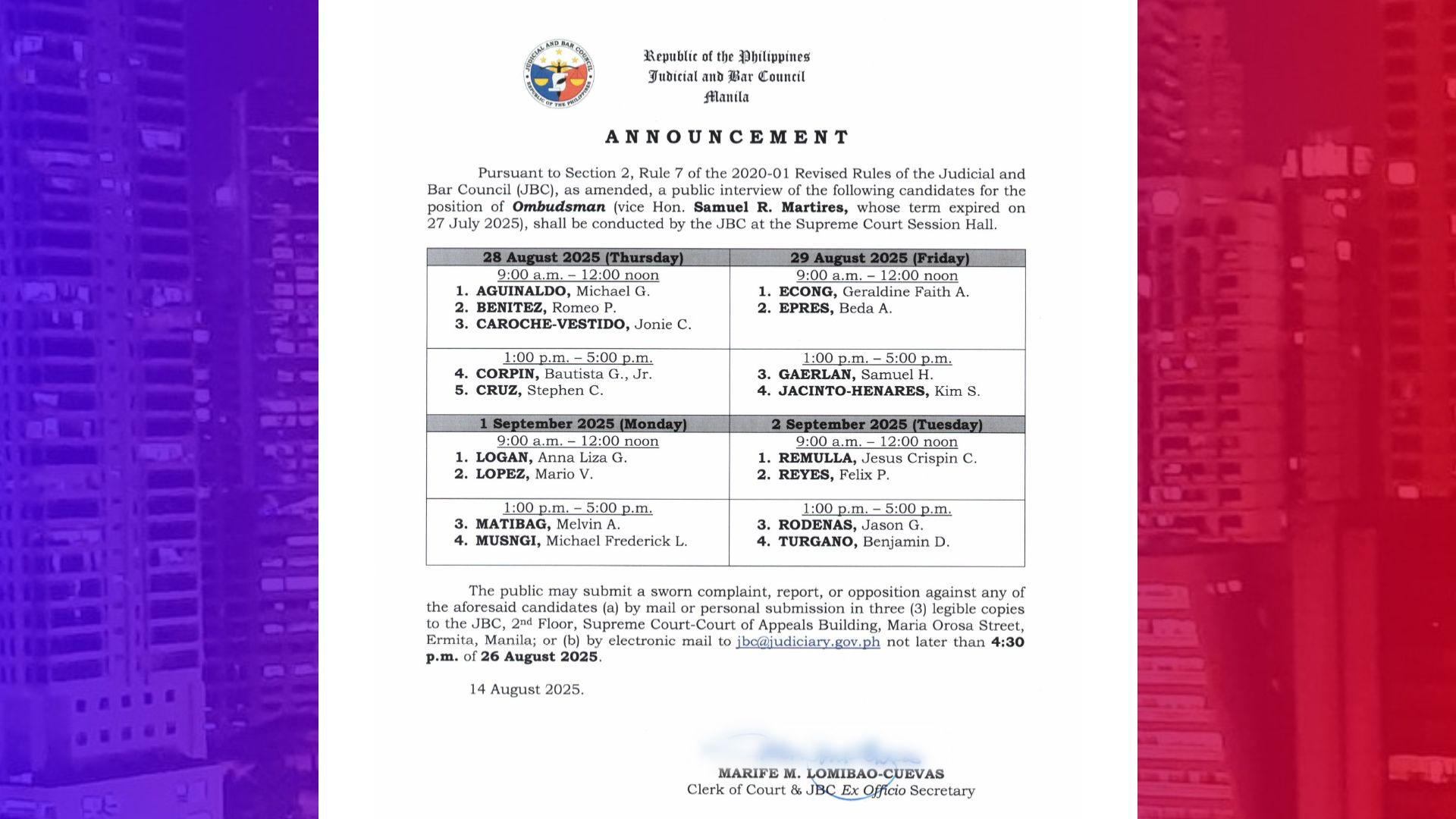 Public interview itinakda ng JBC sa mga aplikante bilang Ombudsman