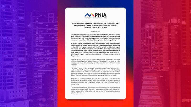 Nickel Industry sa bansa nanawagang palayain ang negosyanteng si Joseph Sy