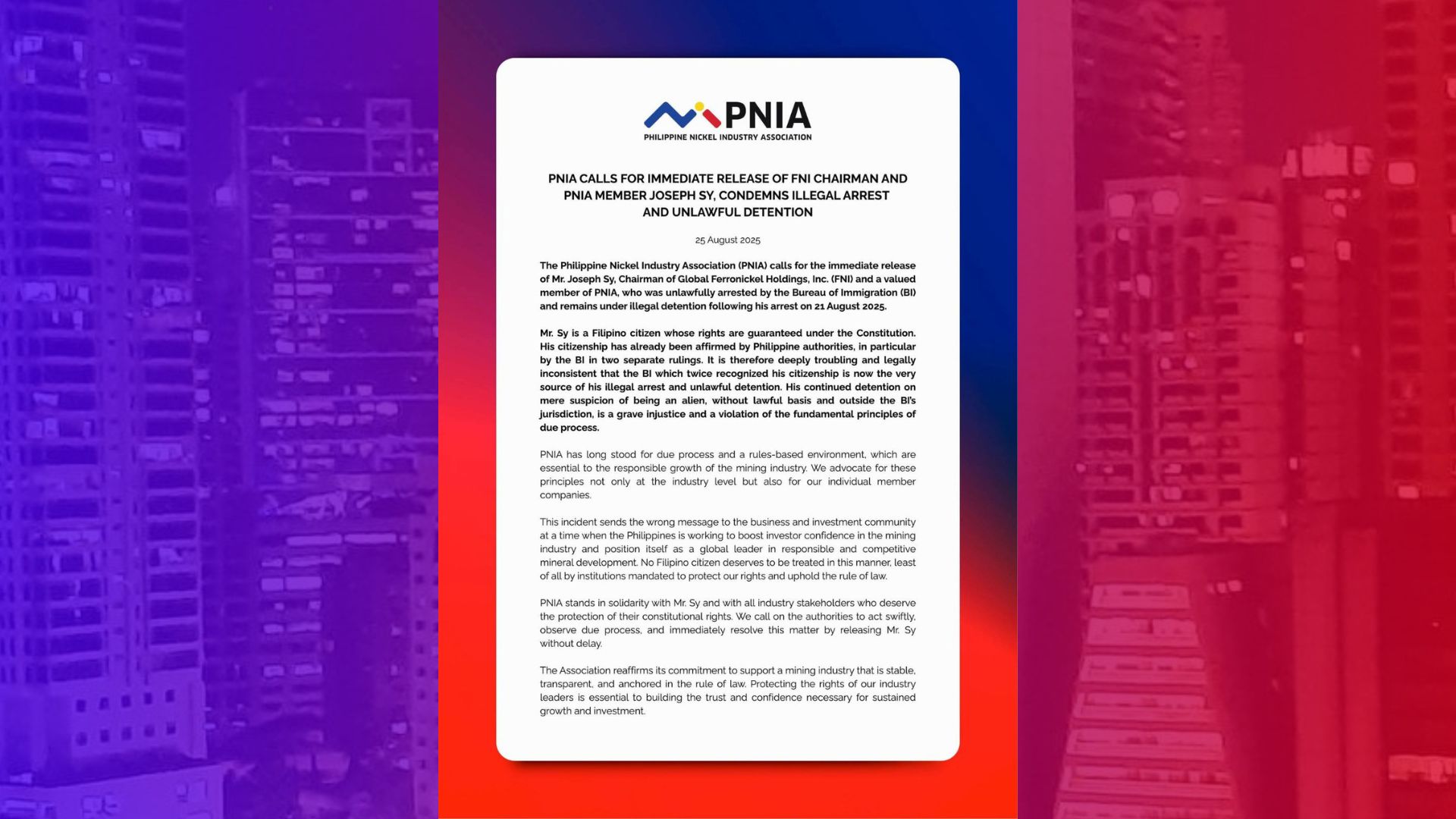 Nickel Industry sa bansa nanawagang palayain ang negosyanteng si Joseph Sy