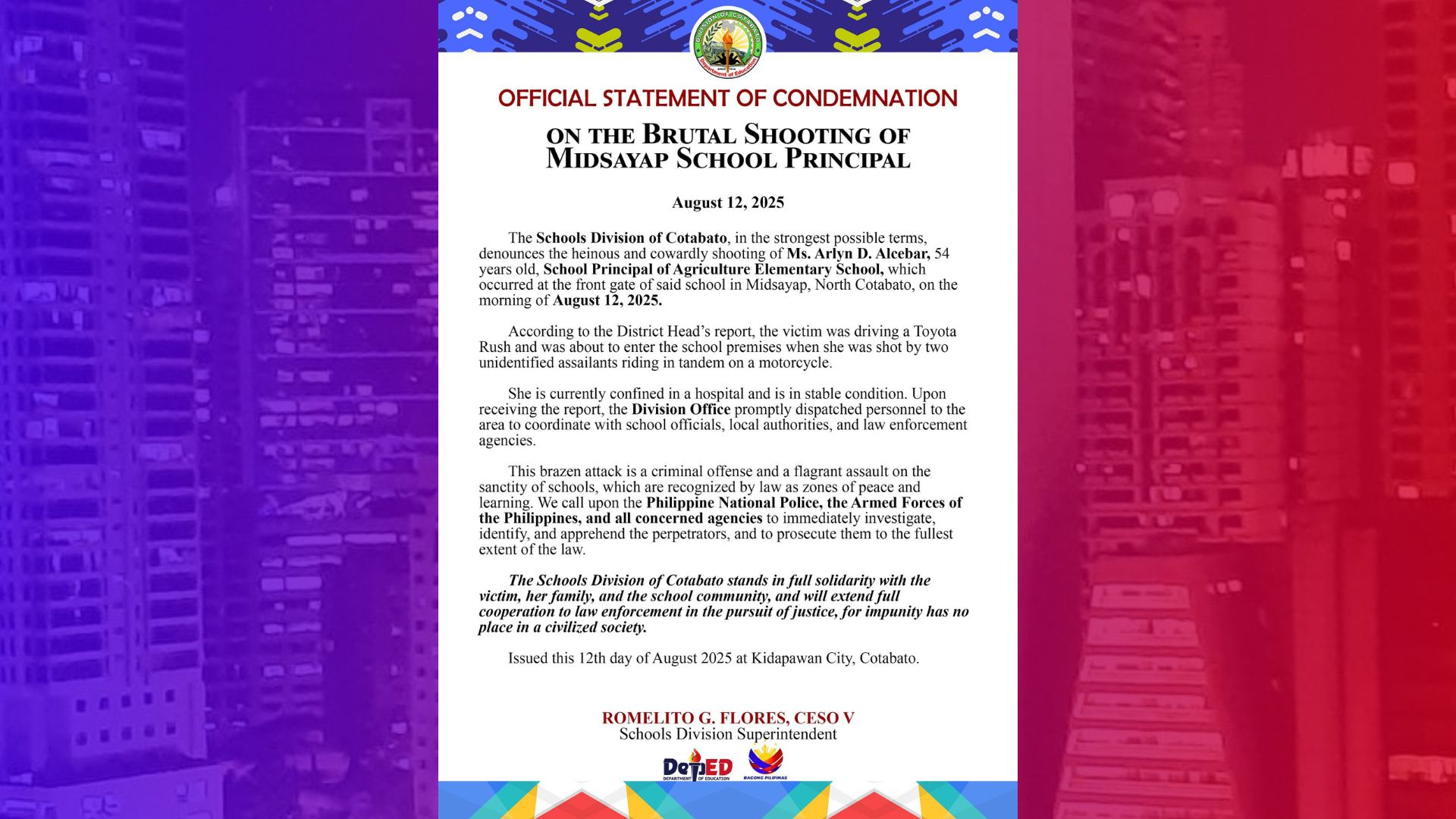 DepEd kinondena ang pananambang sa principal sa Cotabato