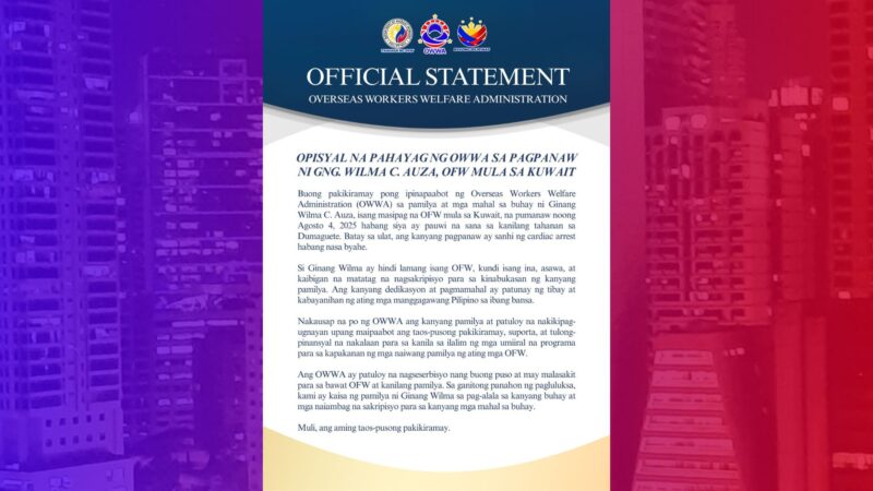 OWWA nakipag-ugnayan na sa pamilya ng OFW na nasawi sa bus habang pauwi sa kaniyang pamilya sa Dumaguete