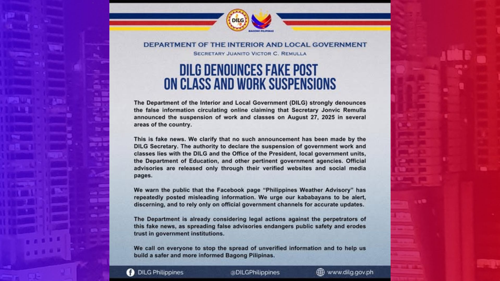 Publiko pinag-iingat sa pekeng “Walang Pasok” announcement