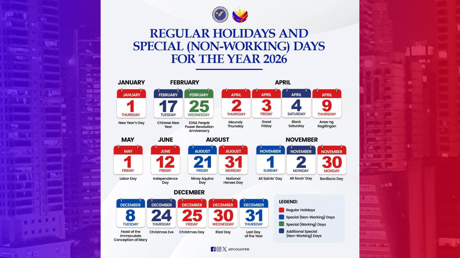 Listahan ng 2026 Holidays inilabas ng Malakanyang