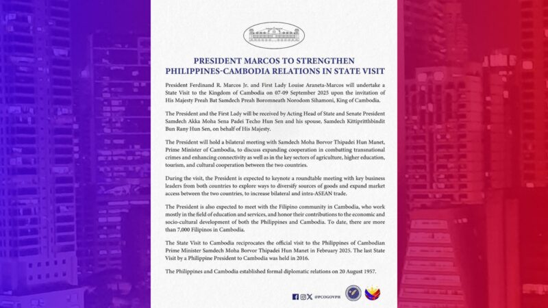 Pang. Marcos biyaheng Cambodia sa Sept. 7 – 9