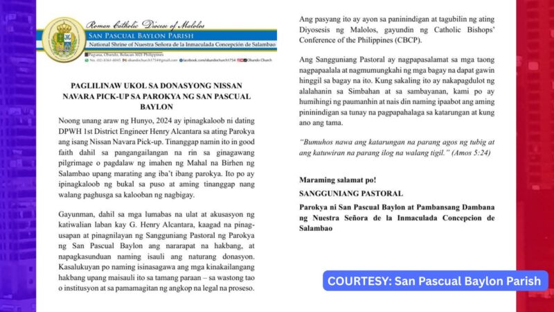 Sasakyang donasyon ni Henry Alcantara sa Parokya sa Bulacan, isasauli
