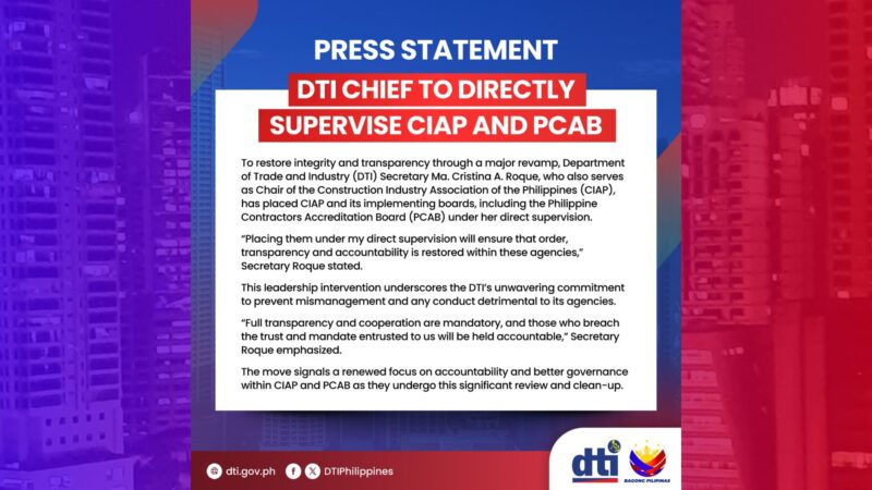 CIAP, PCAB sasailalim sa direct supervision ng DTI secretary