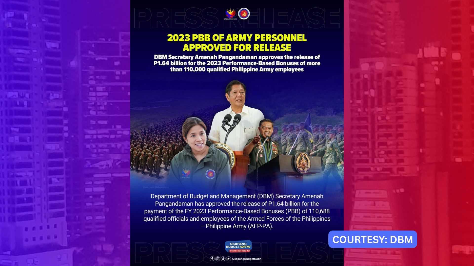 DBM aprubado ang pagpapalabas ng P1.64B na pondo para sa PBB ng mga sundalo