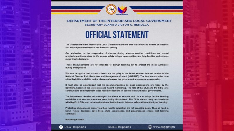 DILG nagpaliwanag, ipinatutupad na class suspensions rekomendasyon ng NDRRMC