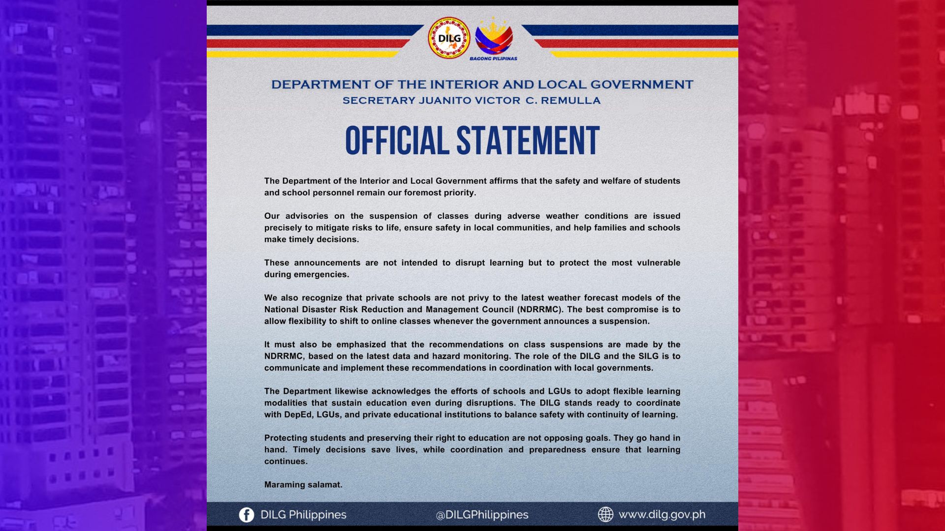 DILG nagpaliwanag, ipinatutupad na class suspensions rekomendasyon ng NDRRMC