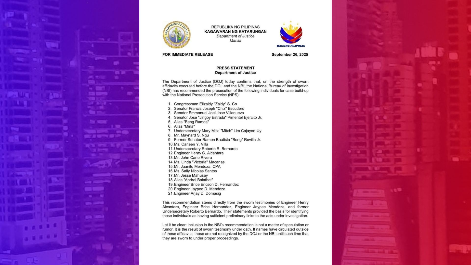 21 personalidad inirekomenda ng NBI para sa case build-up