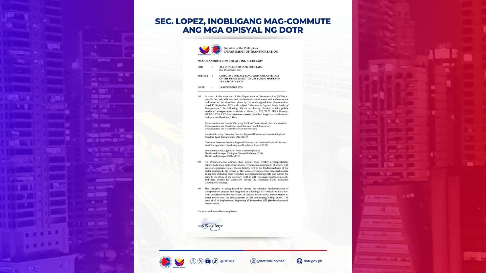 Mga opisyal ng DOTr obligadong mag-commute once a week