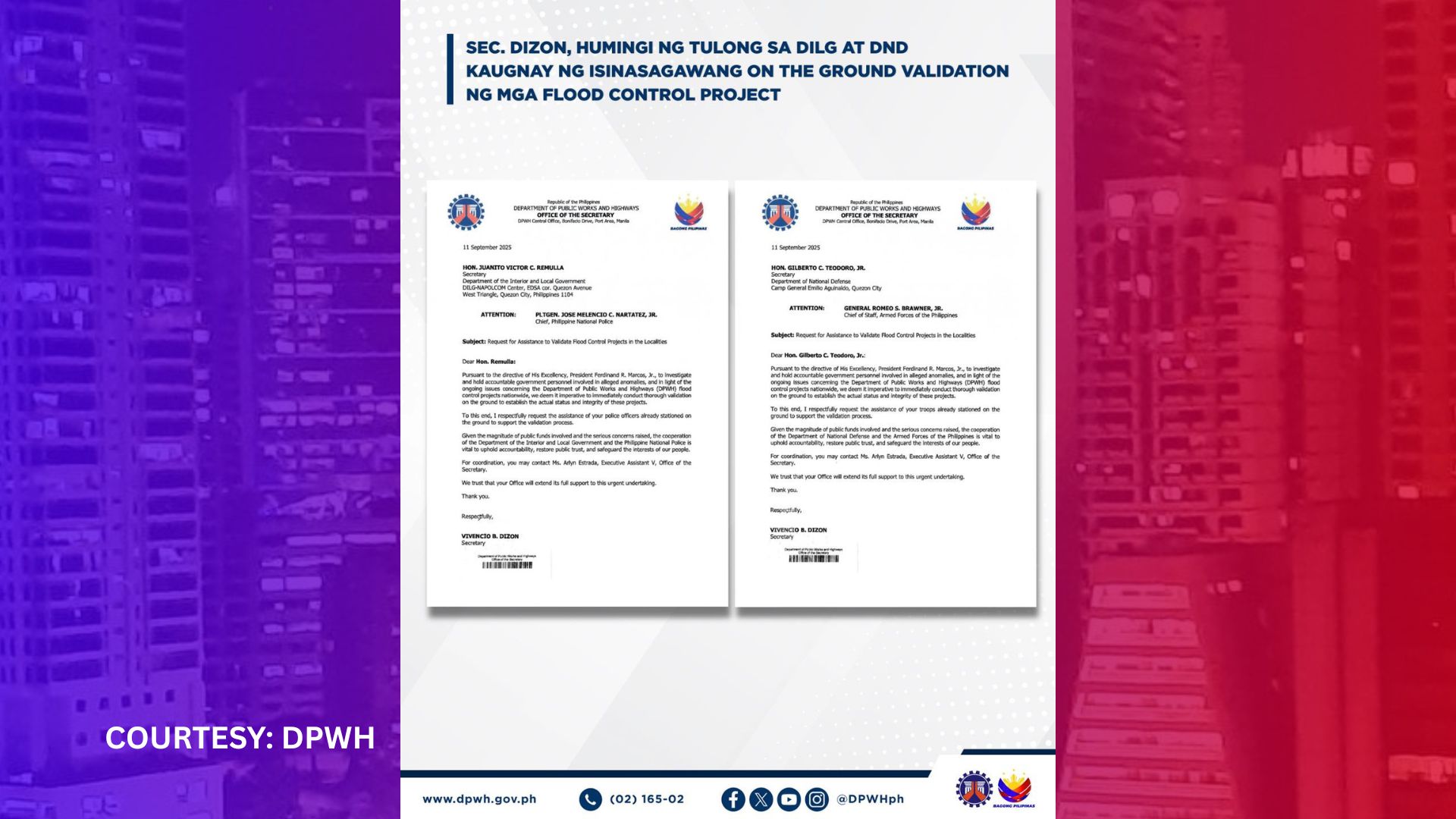 DPWH hiningi ang tulong ng PNP, AFP sa isinasagawang ground validation sa flood control projects