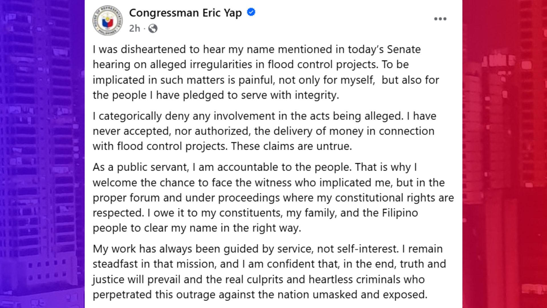 Rep. Eric Yap handang harapin ang testigong nagsabit sa kaniyang pangalan sa flood control mess