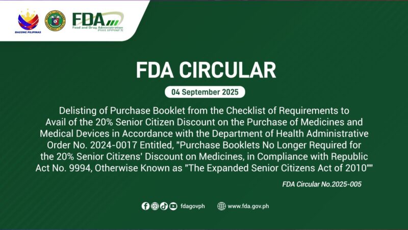 Purchase Booklet hindi na kailangan sa pagbili ng gamot ng mga senior ayon sa FDA