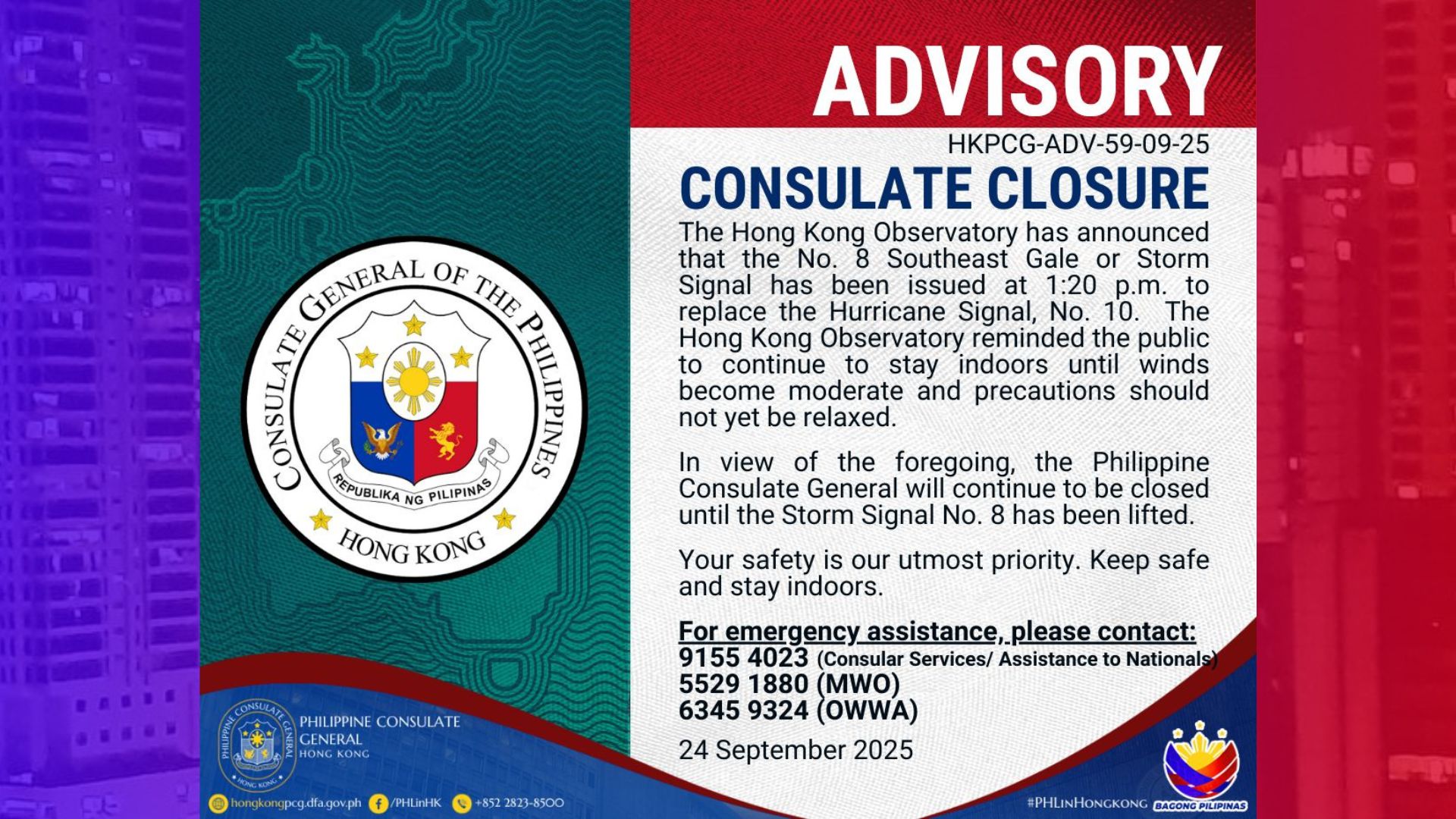 Mga Pinoy sa Hong Kong pinayuhang manatili sa tahanan; Signal No. 8 nakataas pa rin dahil sa Typhoon Ragasa