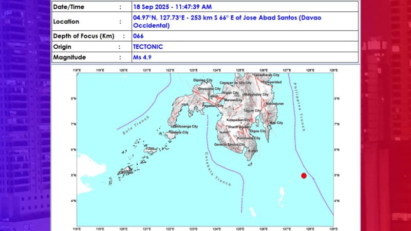 Davao Occidental niyanig ng magnitude 4.7 na lindol