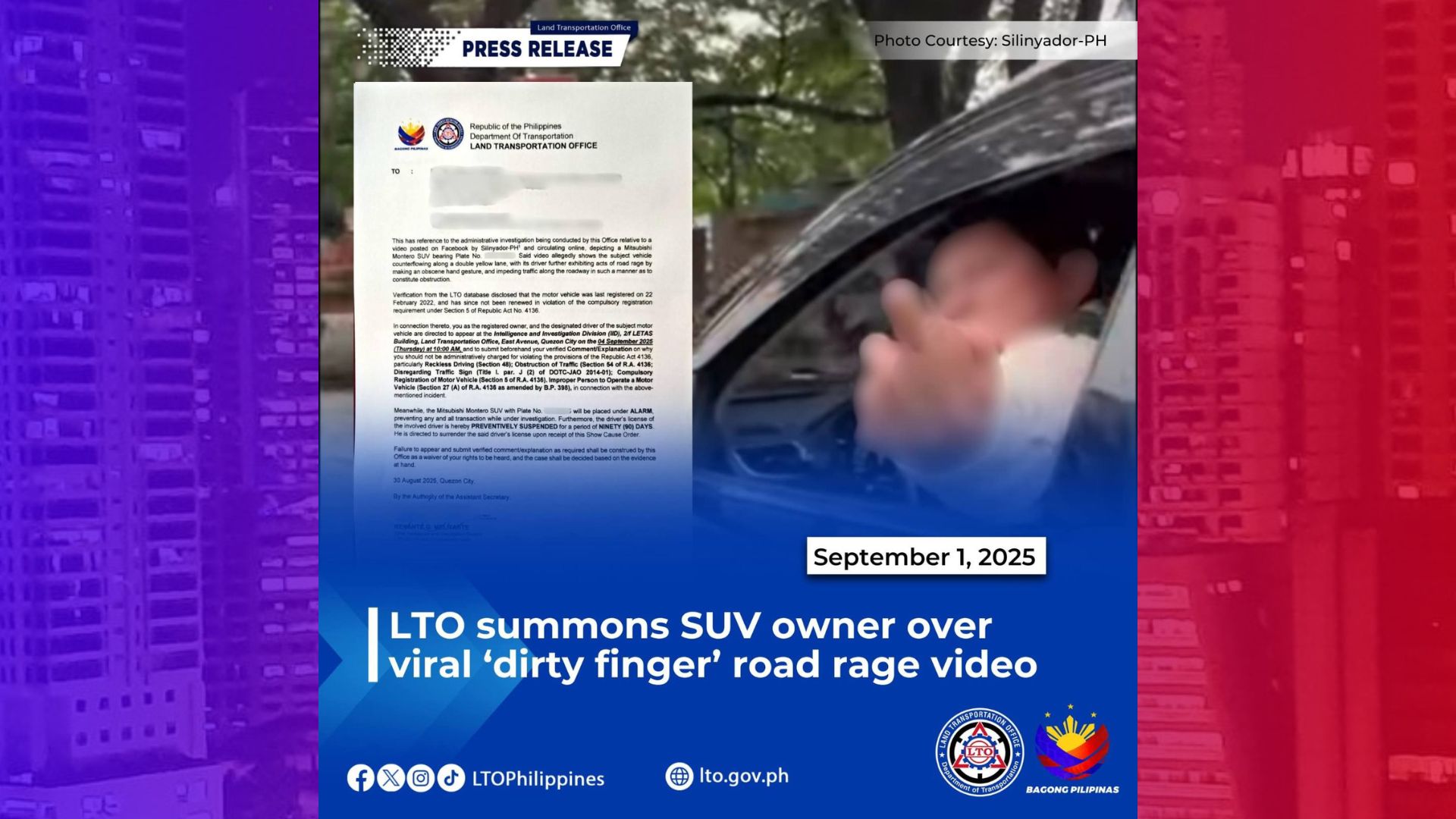 May-ari ng viral “dirty finger” road rage incident ipinatawag ng LTO