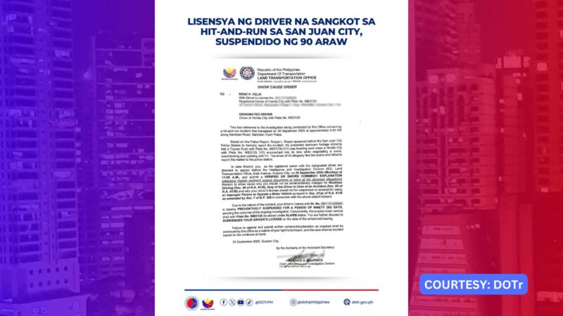 Lisensya ng driver na sangkot sa hit-and-run incident sa San Juan sinuspinde ng LTO