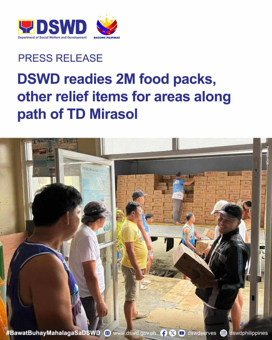 DSWD naghanda ng higit 2M food packs at iba pang relief items para sa mga lugar na maapektuhan ng bagyong Mirasol
