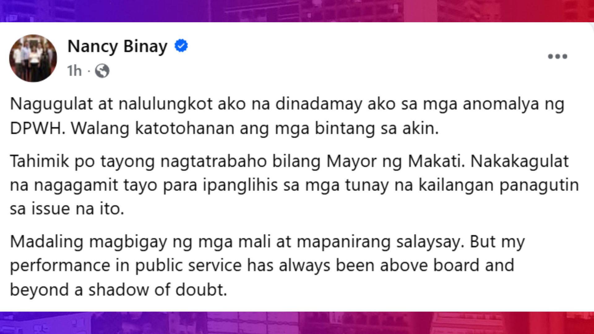 Sen. Nancy Binay pumalag sa akusasyon ng dating DPWH Usec.