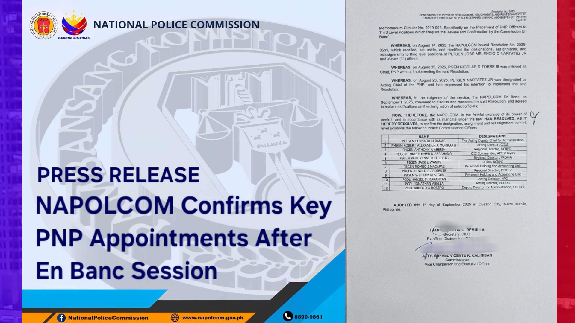 NAPOLCOM nagpatupad ng malawakang balasahan sa PNP; NCRPO at iba pang Regional Police Office may bagong director
