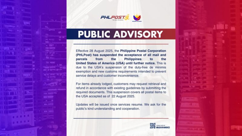 PHLPost inihinto ang pagtanggap ng sulat, parcels patungong U.S.