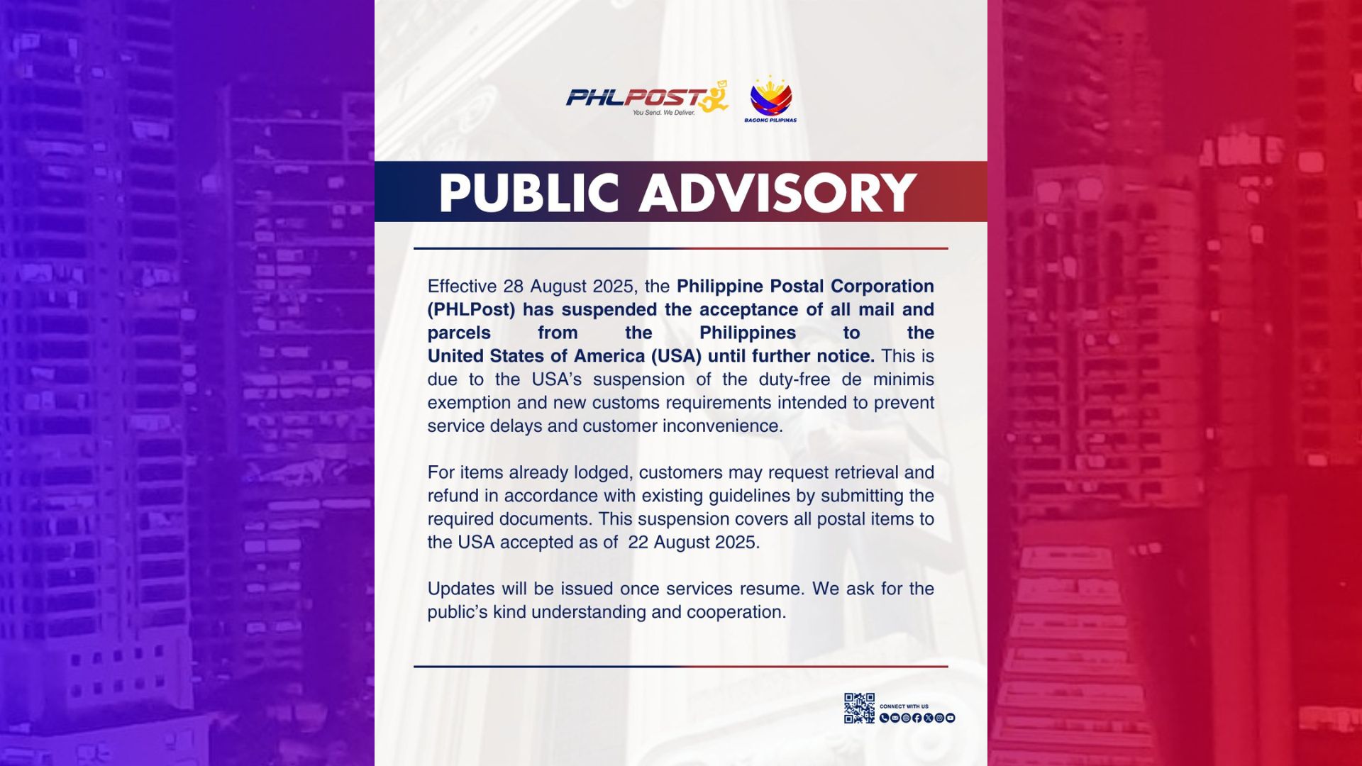 PHLPost inihinto ang pagtanggap ng sulat, parcels patungong U.S.