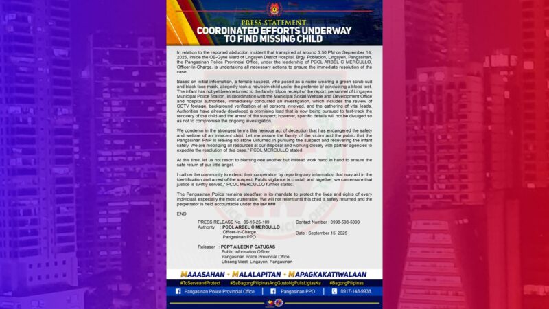 Bagong silang na sanggol ninakaw sa ospital sa Lingayen