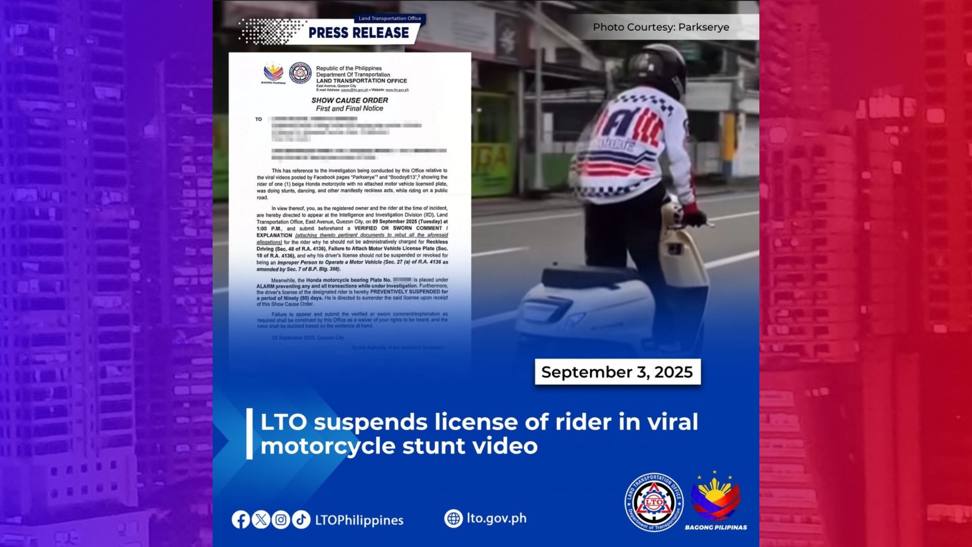 Rider na viral sa motorcycle stunt video, ipinatatawag ng LTO