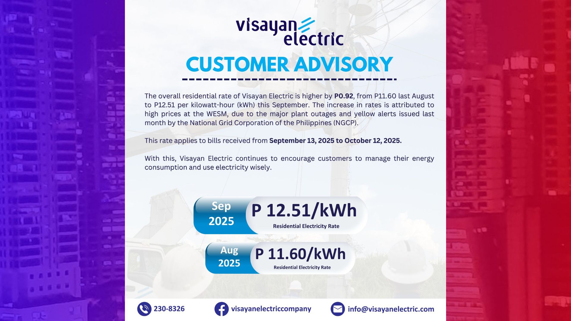 Visayan Electric Company may taas-singil sa kuryente