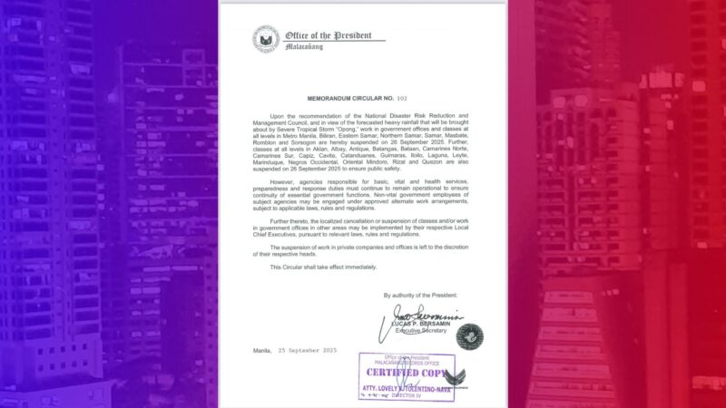 Klase, pasok sa gobyerno bukas, Sept. 26 sa NCR at marami pang lugar sa Luzon at Visayas sinuspinde ng Malakanyang