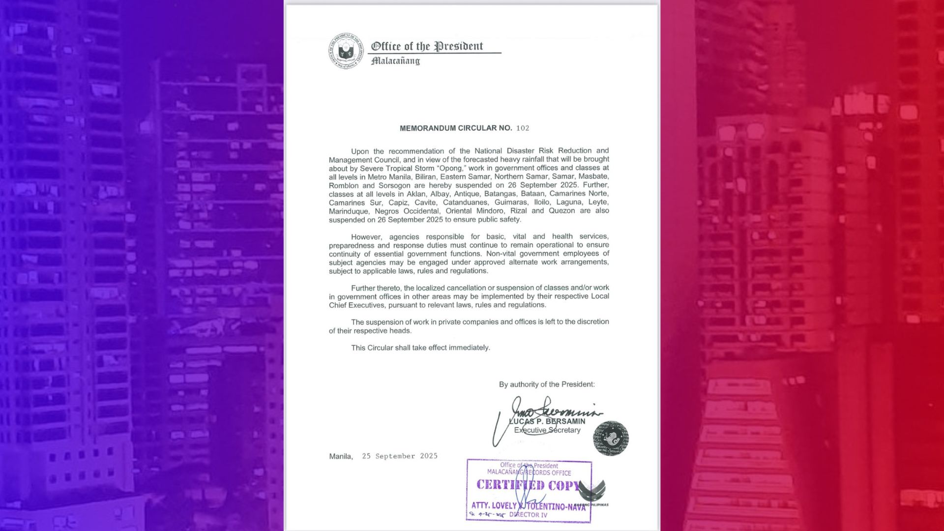 Klase, pasok sa gobyerno bukas, Sept. 26 sa NCR at marami pang lugar sa Luzon at Visayas sinuspinde ng Malakanyang