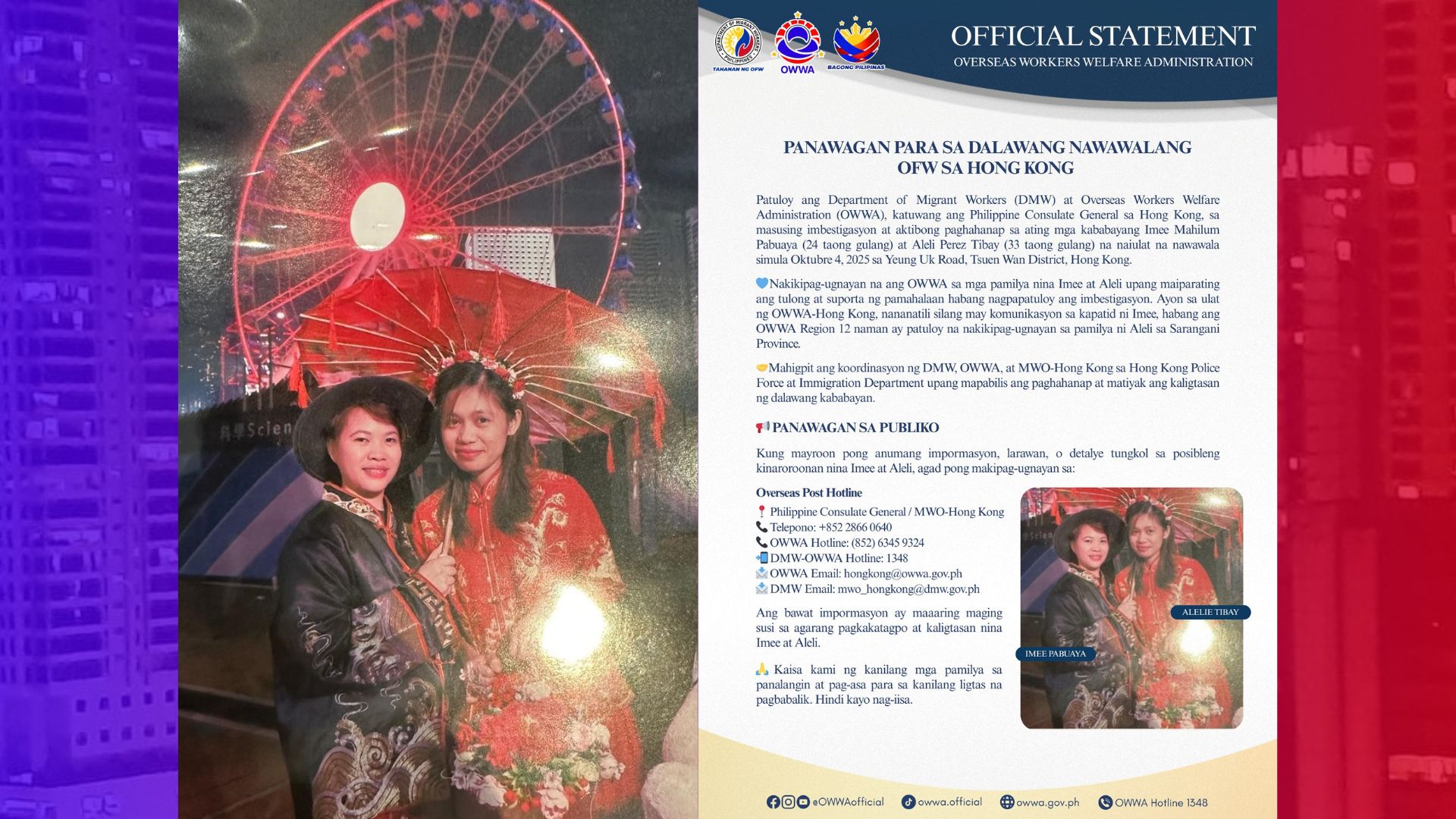 OWWA nakipag-ugnayan na sa pamilya ng 2 OFW na napaulat na nawawala sa Hong Kong