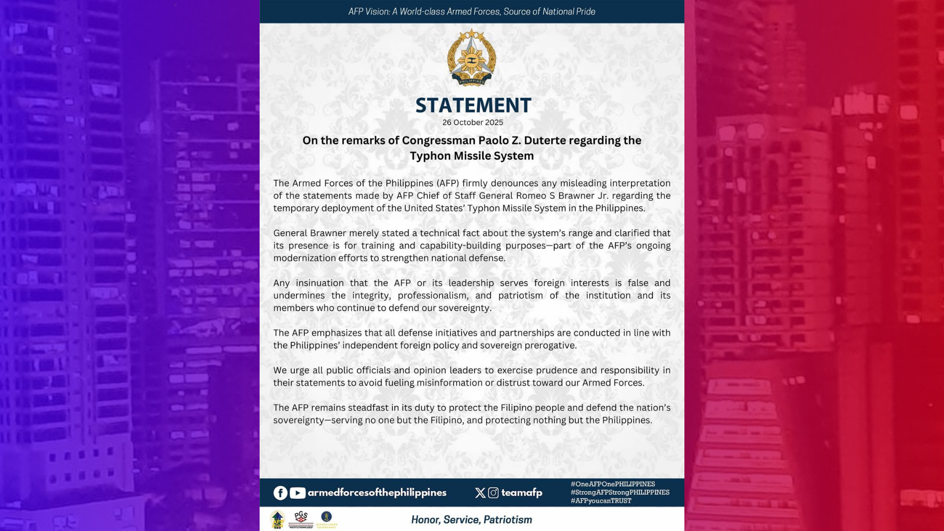 Patutsada ni Cong. Paolo Duterte sinagot ng AFP