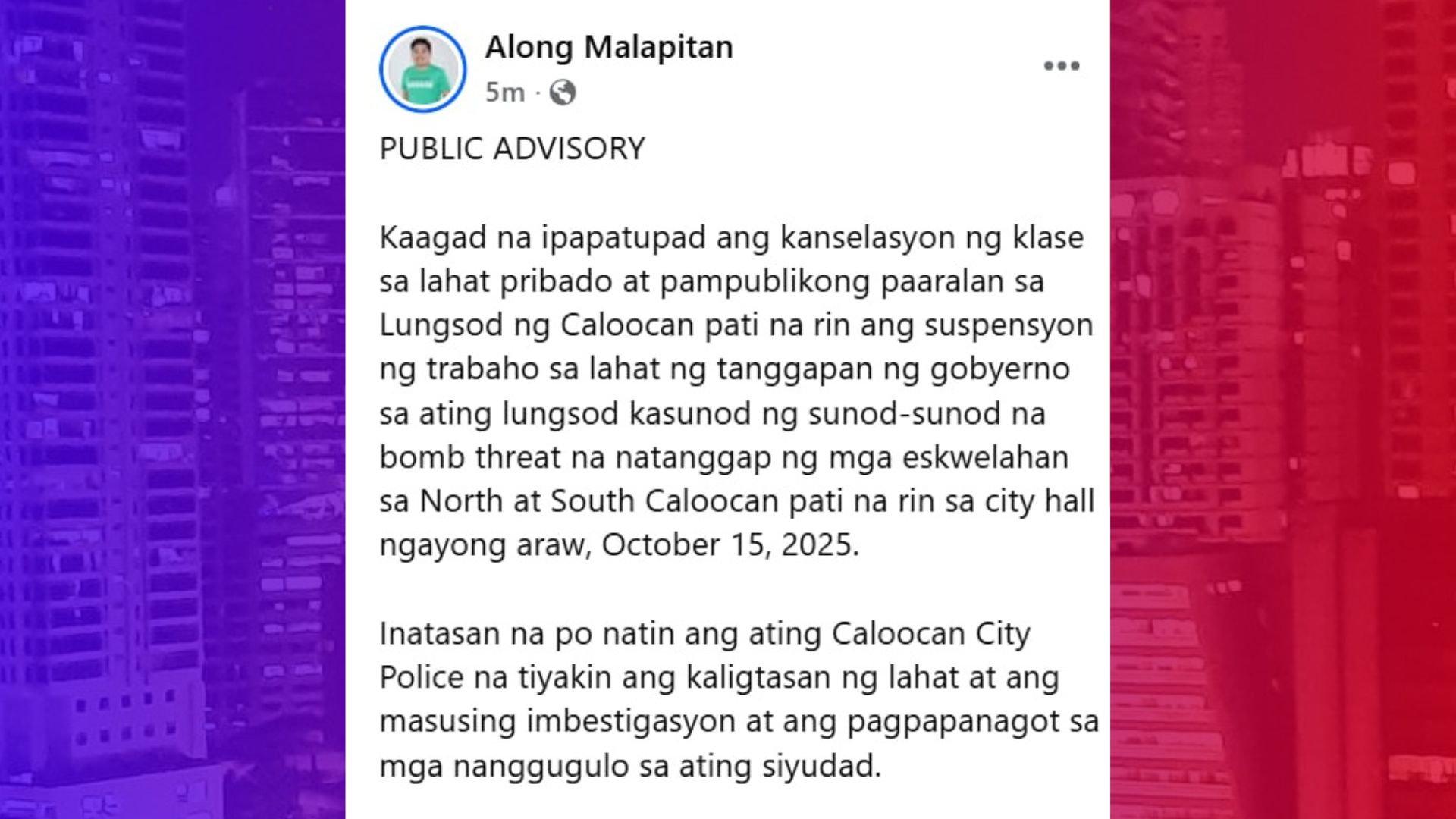 Klase sa Caloocan sinuspinde dahil sa sunud-sunod na bomb threat