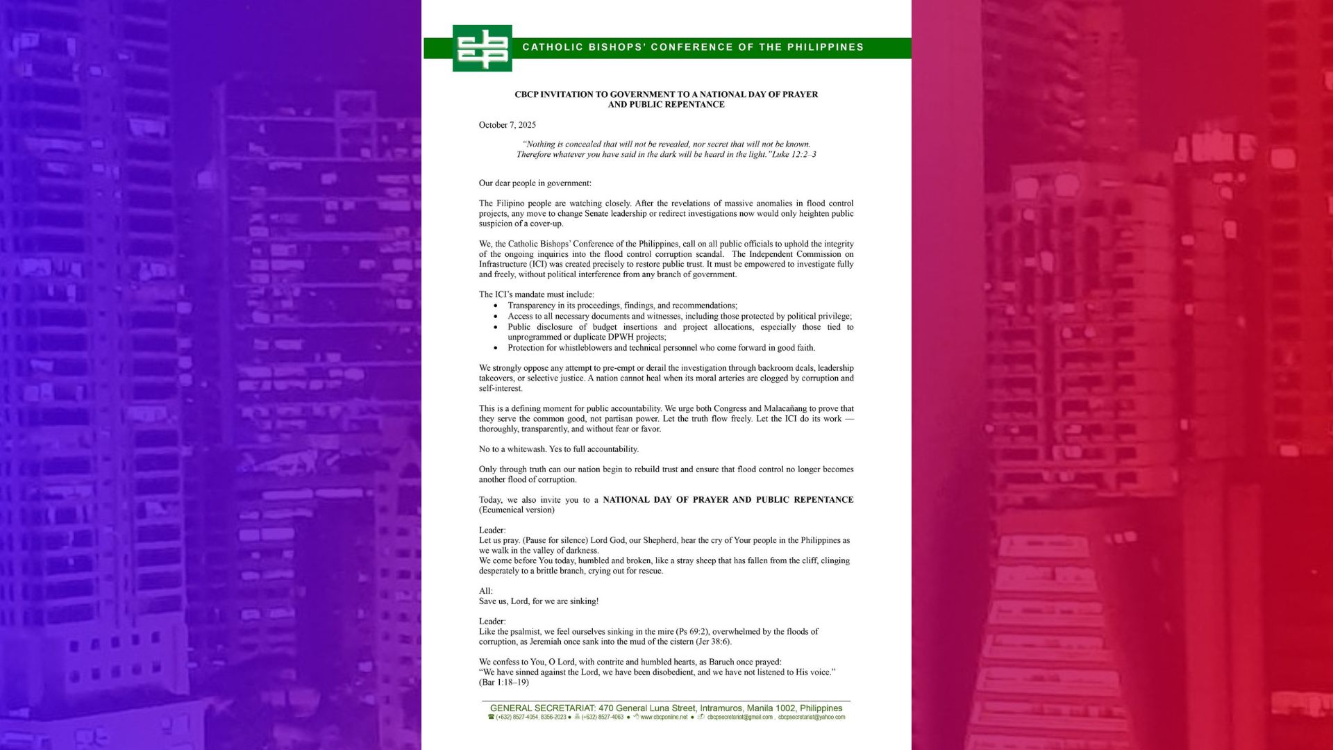 Transparency sa imbestigasyon ng ICI panawagan ng CBCP