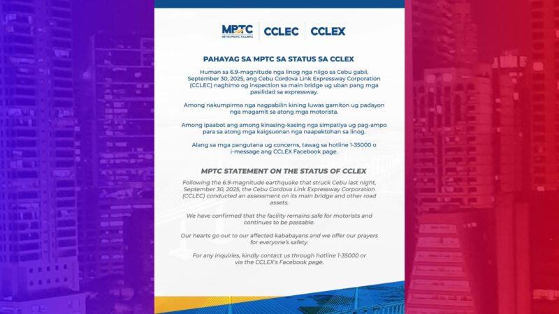 CCLEX ligtas daanan ng mga motorista matapos ang malakas na lindol sa Cebu