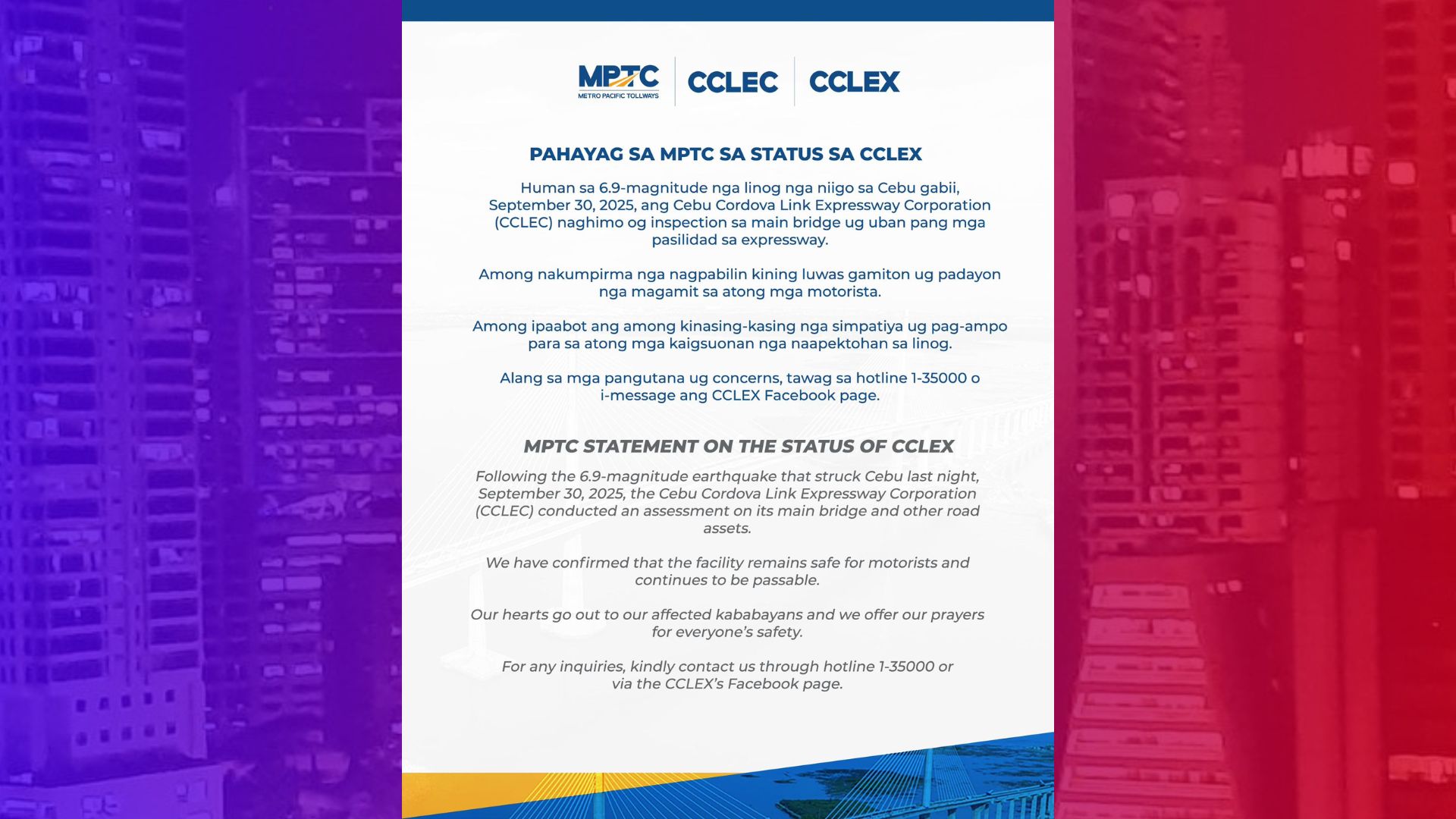 CCLEX ligtas daanan ng mga motorista matapos ang malakas na lindol sa Cebu