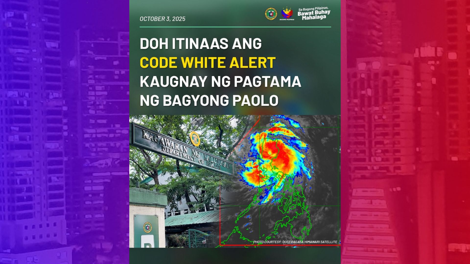 DOH nagtaas ng Code White alert dahil sa bagyong Paolo