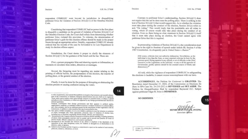 Disqualification ng Comelec kay Erice ibinasura ng SC