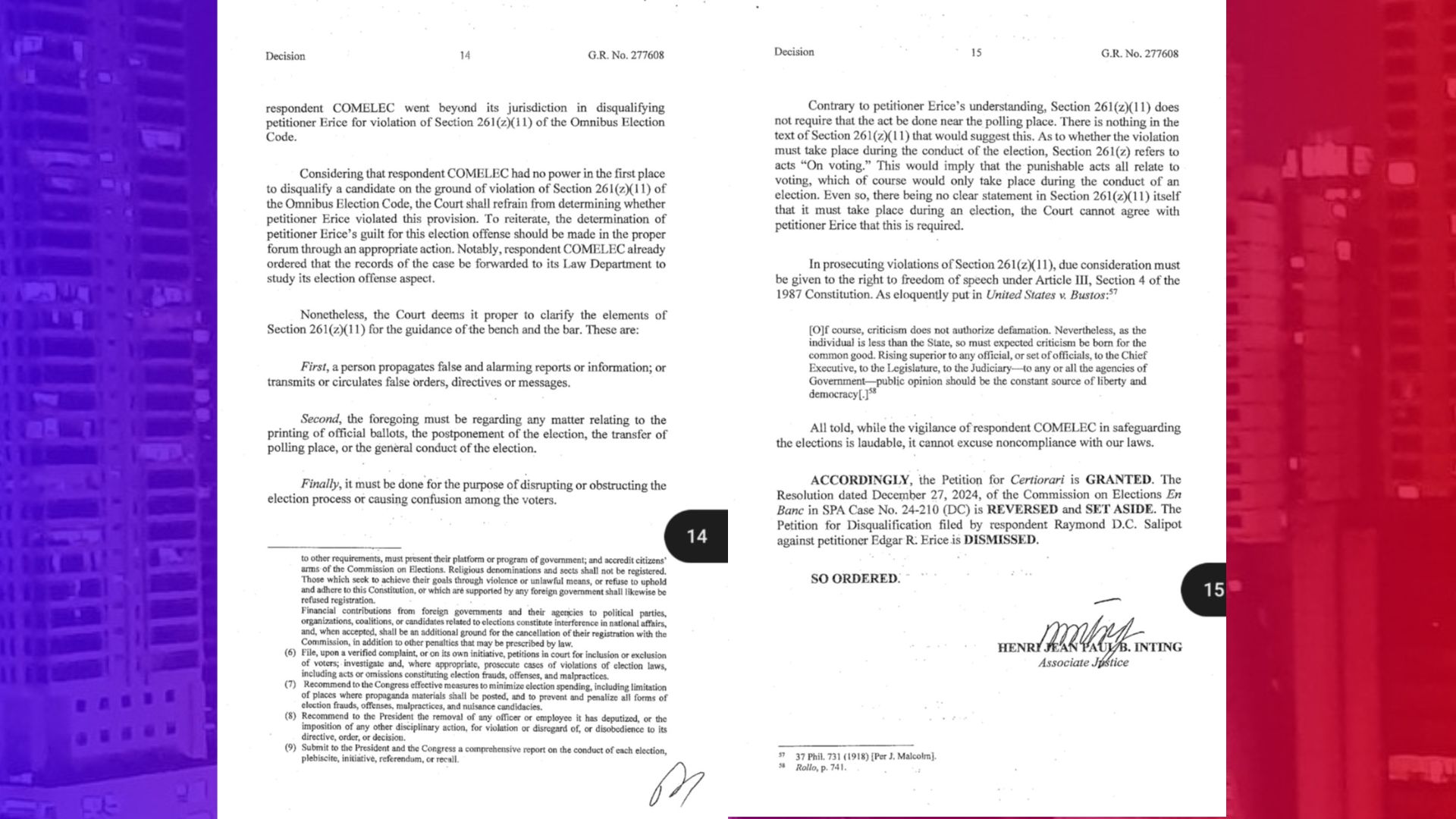 Disqualification ng Comelec kay Erice ibinasura ng SC