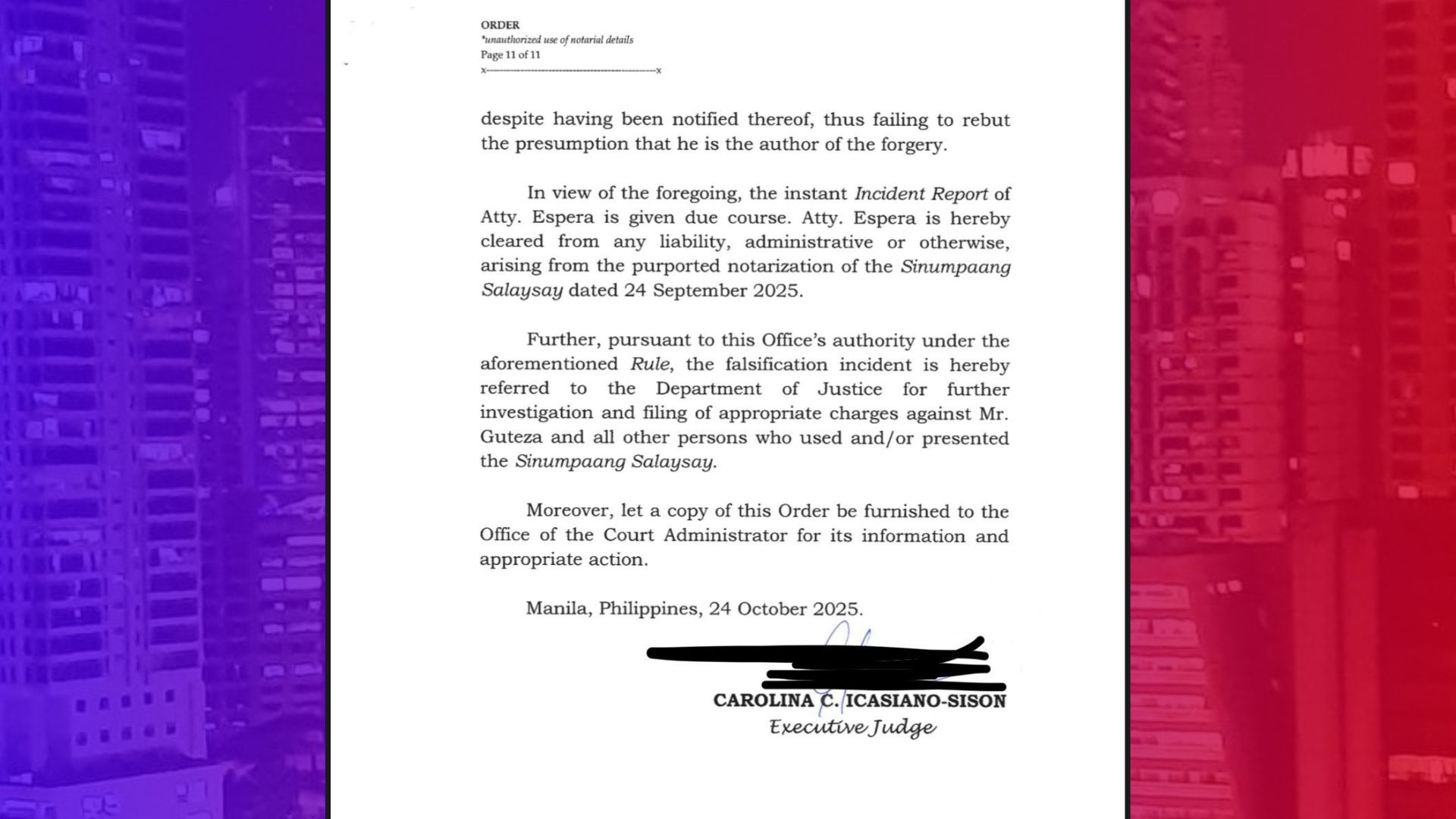 Notaryo sa affidavit ni Orly Guteza peke ayon sa Manila RTC