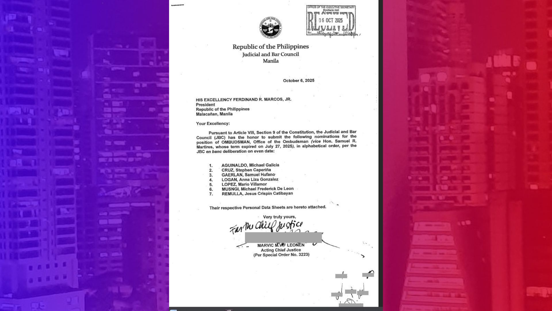 JBC shortlist para sa Ombudsman post naipasa na sa Malakanyang; Remulla 6 na iba pa, kasama sa listahan